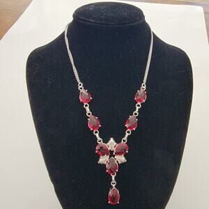 Striking Red Simulated Gemstone Necklace - Sterling Silver Statement Jewelry